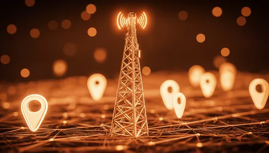 Glowing cell tower emitting signal waves.