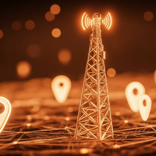 Glowing cell tower emitting signal waves.
