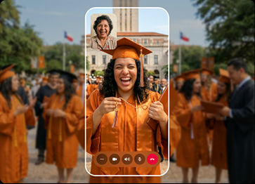 alumno graduado al teléfono