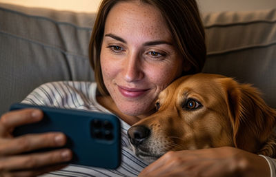 Mujer con perro viendo TV en el teléfono