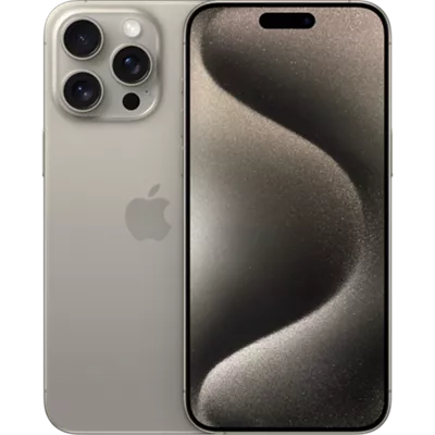 Vista frontal y posterior del equipo iPhone 15 Pro Max natural que muestra las 3 lentes de cámara