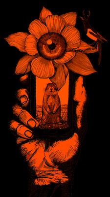 Mano sosteniendo un teléfono con una flor y un pájaro sobre él